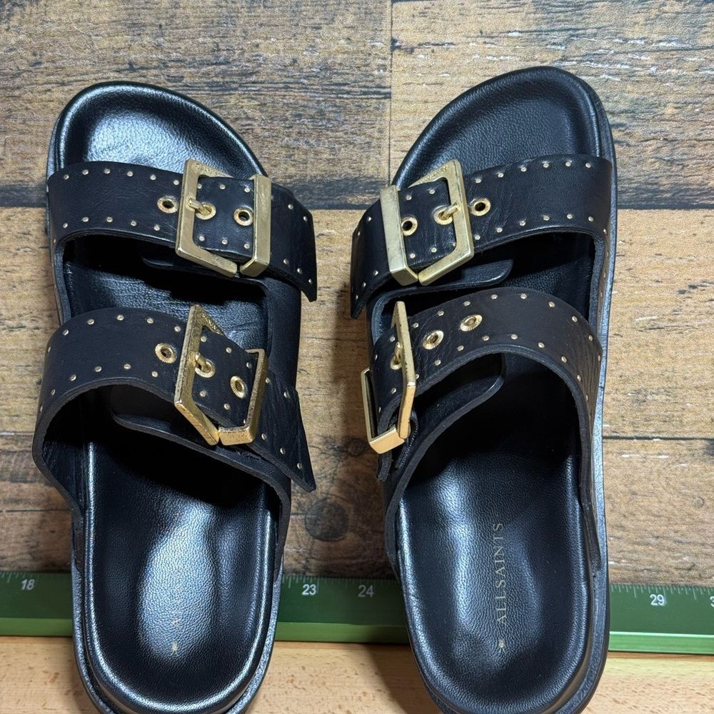 All Saints Black Leather Sandals with Gold Details - Picture 6 of 16